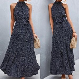 Boho polka dot halter belted maxi dress
